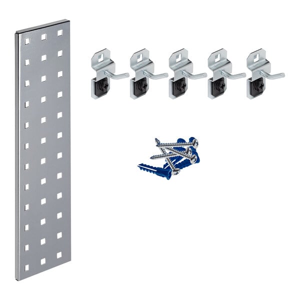 A rectangular silver metal pegboard strip with 5 metal hooks.