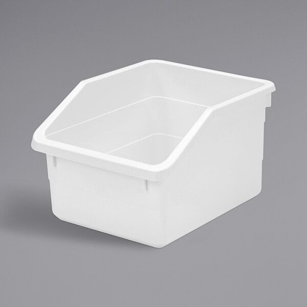 A white plastic Quantum All-Purpose nesting bin with a square top.