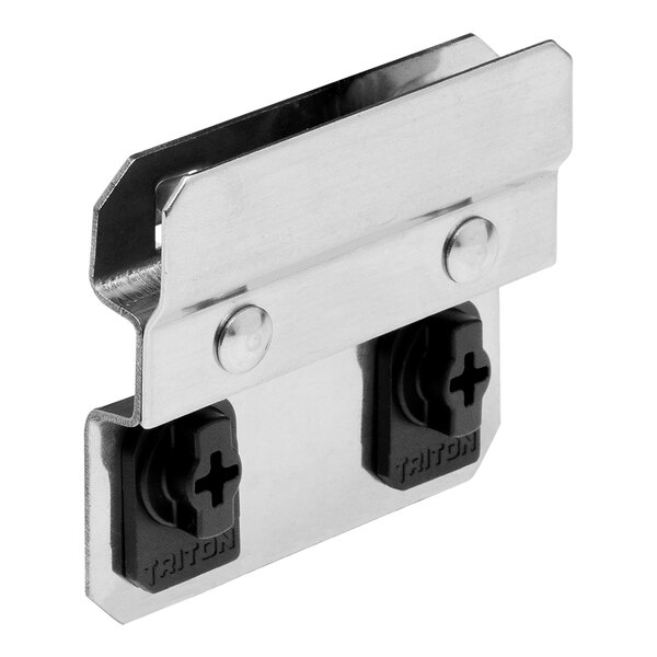 Stainless steel Triton LocHook bin clip with black screws.