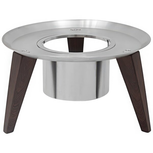 A Spring USA Wynwood stainless steel and faux wood round display stand with a circular center.