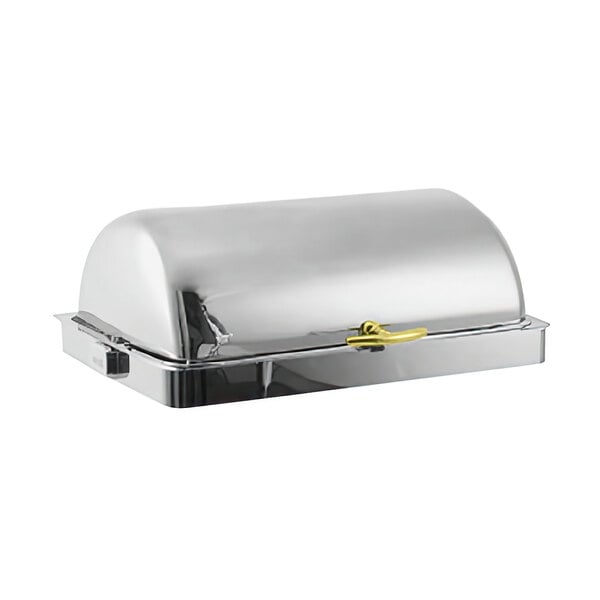 A Spring USA Rondo stainless steel chafing dish with gold accents and a lid on a counter.