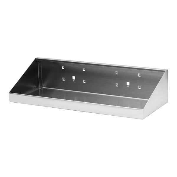 A silver metal Triton Products stainless steel shelf with two holes in it.