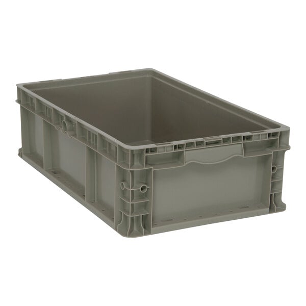 A grey plastic container with a lid.