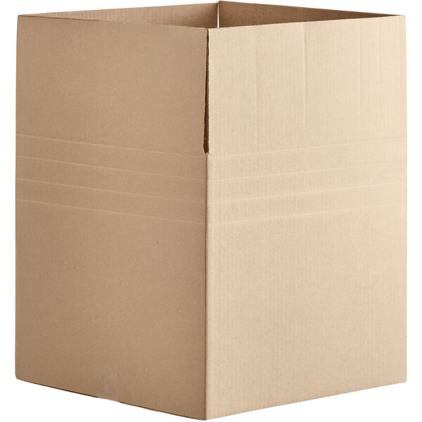 A close-up of a Lavex kraft cardboard shipping box with a corner cut out.