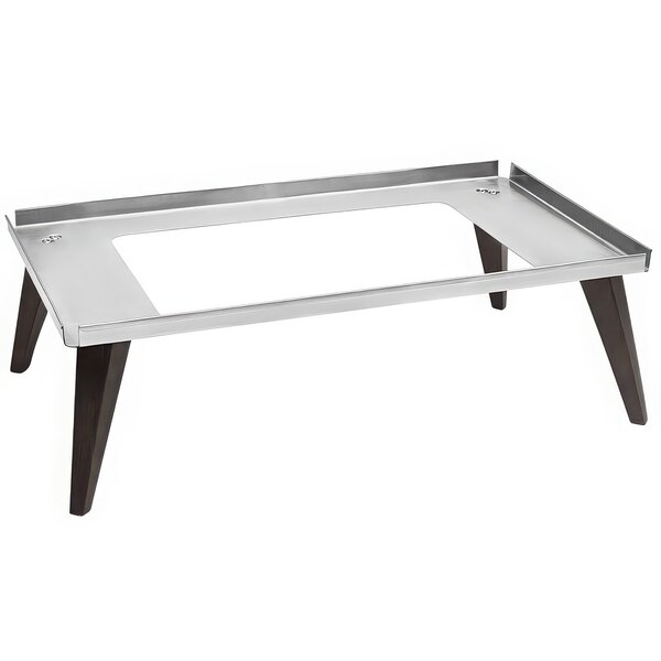 A Spring USA Wynwood stainless steel and faux wood display stand for a table.