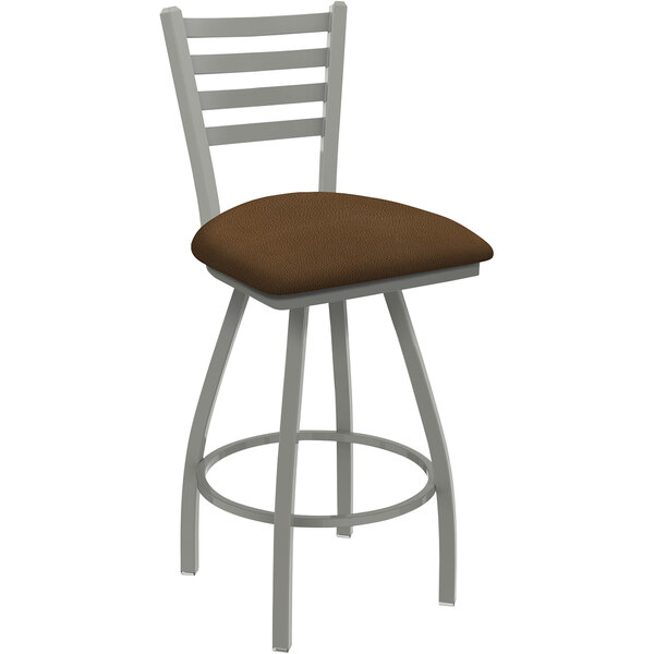 A Holland Bar Stool Jackie Ladderback Swivel Bar Stool with a brown seat and back.