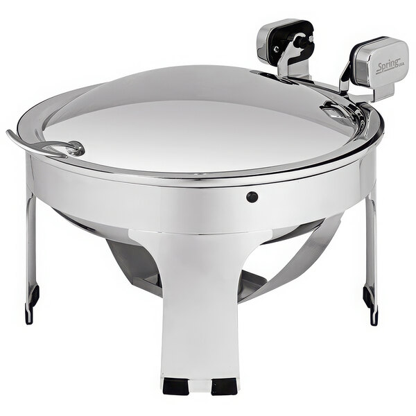 A Spring USA stainless steel round chafer with a lid on a stand.