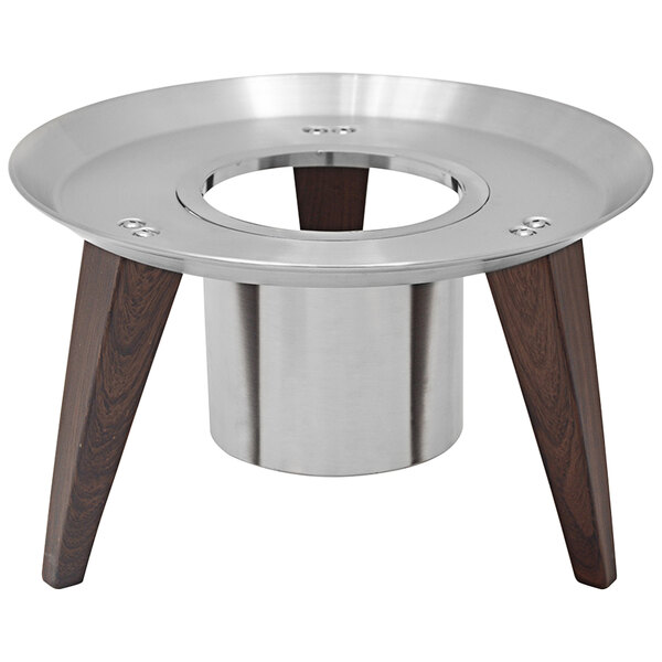 A round stainless steel and faux wood display stand with a wooden leg.