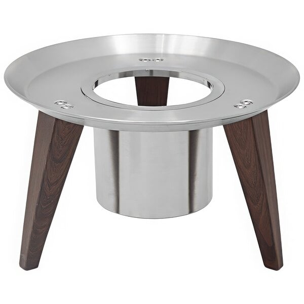 A round stainless steel and faux wood display stand for Spring USA Wynwood chafers.