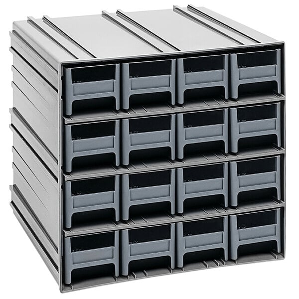 A stack of grey plastic drawers with windows.