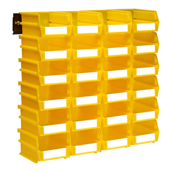 Yellow Triton LocBins on a wall with white rails.