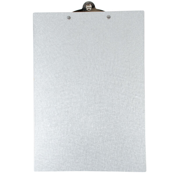 A Menu Solutions Alumitique clipboard with a metal clip holding a paper on a white surface.
