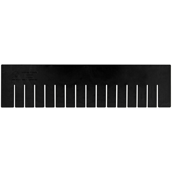 A black plastic Quantum long divider with rows of holes.