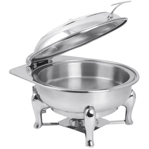A Spring USA stainless steel round chafer stand with a fuel holder.