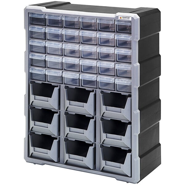 A black and grey plastic drawer cabinet with clear drawers and bins inside.