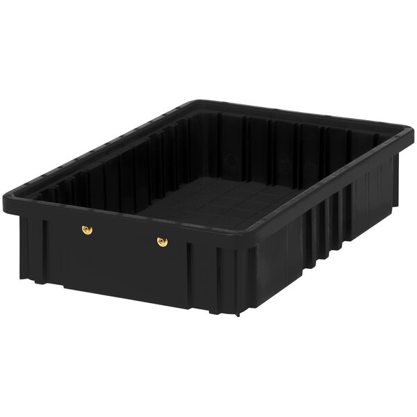 A black plastic Quantum conductive grid container with dividers.