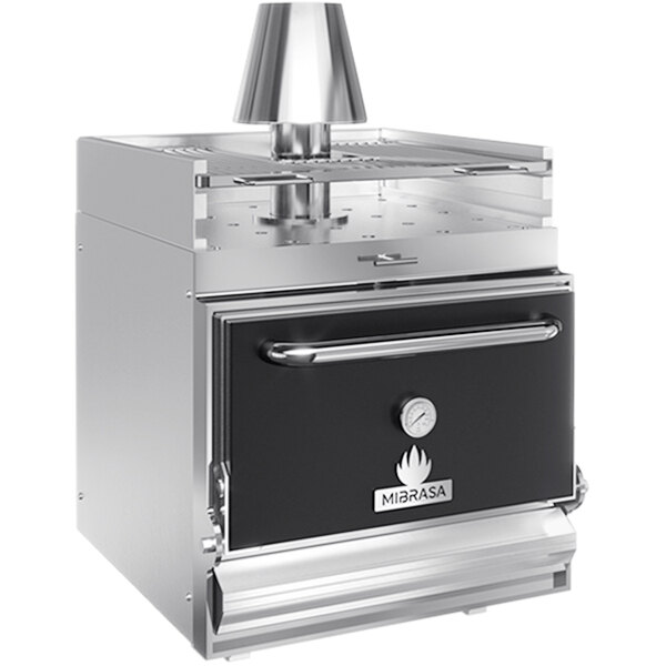 A black and silver Mibrasa worktop charcoal oven with a lid.