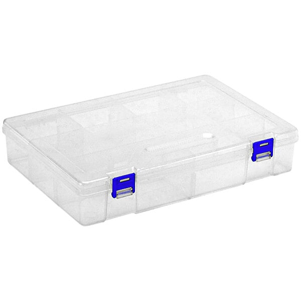 A clear plastic Quantum compartment storage box with blue dividers and handles.