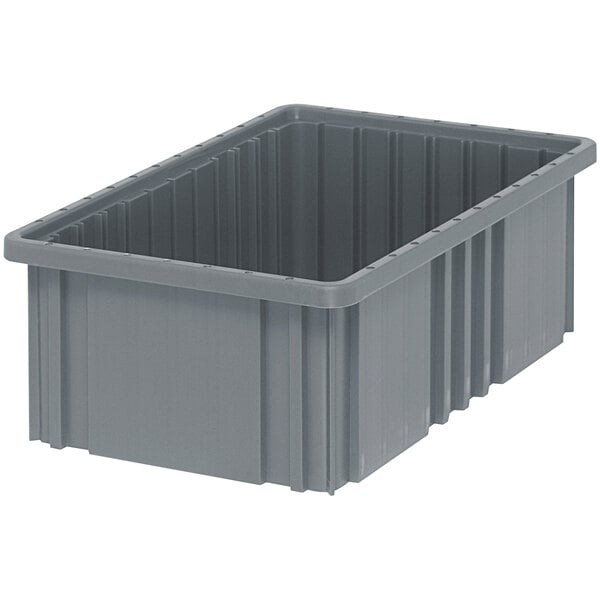 A gray plastic Quantum dividable container with two compartments.