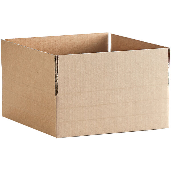 A Lavex kraft cardboard box with a cut out top.