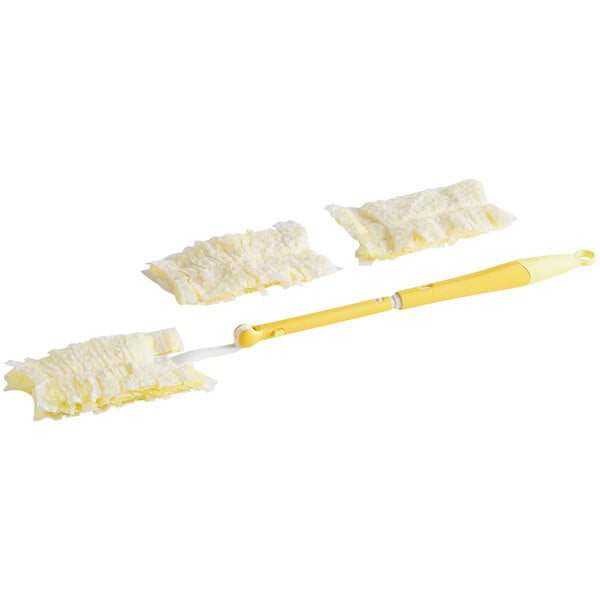 A yellow Swiffer duster handle with white extendable pieces.