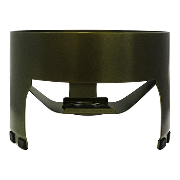 A bronze metal bowl with black legs and a fuel holder.