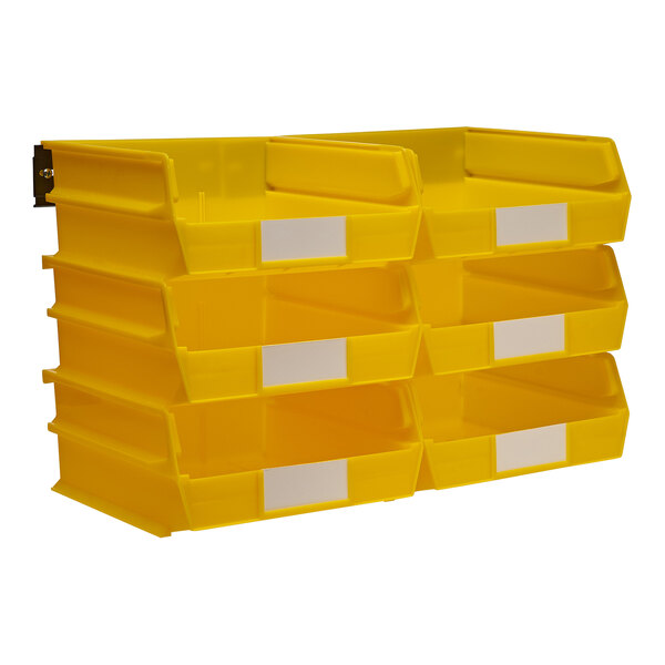 A yellow plastic Triton LocBin with white labels on the front.