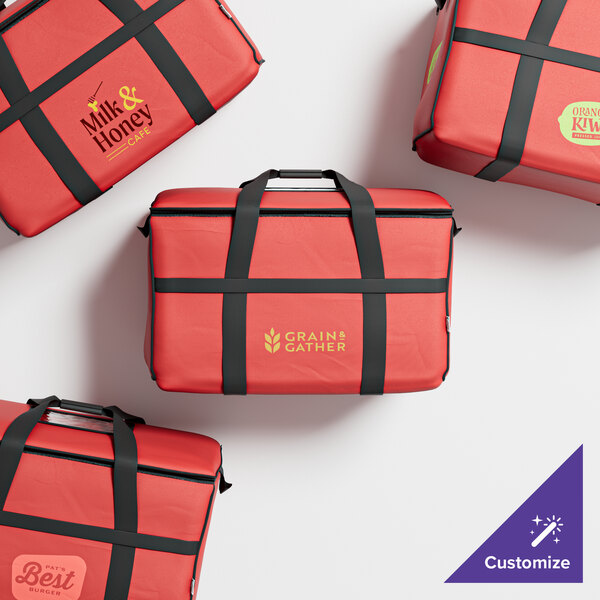 A group of red Choice insulated cooler bags with black straps.