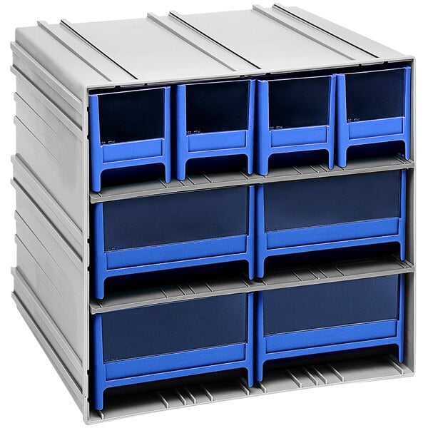 A blue plastic shelf with blue and grey plastic drawers with windows.