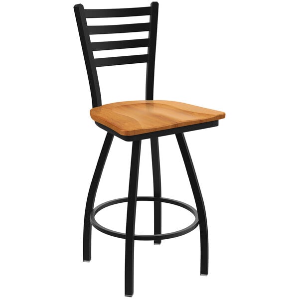 A Holland Bar Stool Jackie Ladderback Swivel Bar Stool with a black wrinkle finish and medium maple seat.