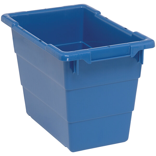 A blue Quantum 5.51 gallon plastic tote with built-in handle grips and bottom grooves.