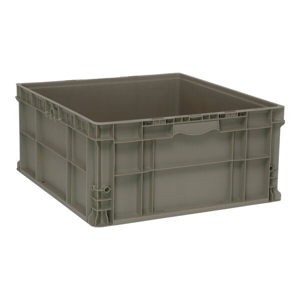 A large grey plastic stacker tote with built-in handles.