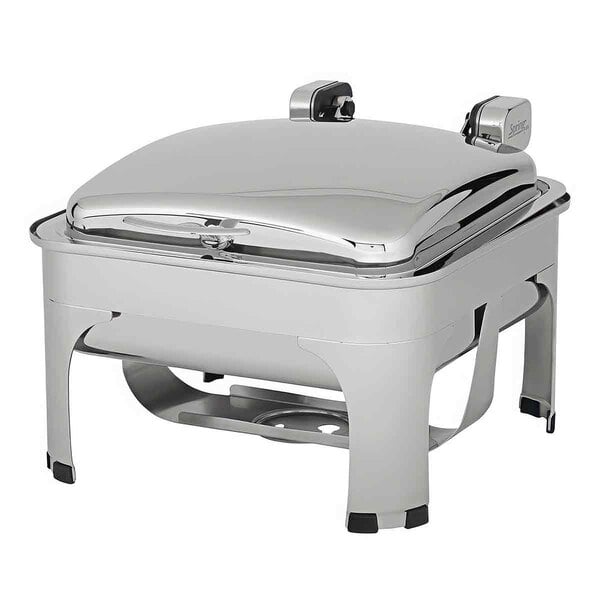 A silver metal rectangular Spring USA induction chafer with a lid.