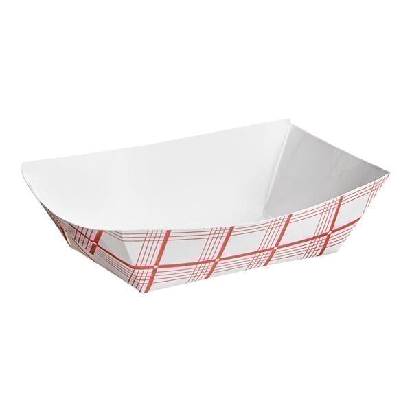 A white and red plaid paper food tray.