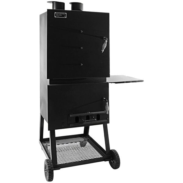 A black rectangular Old Country BBQ Pits smoker with a metal handle.