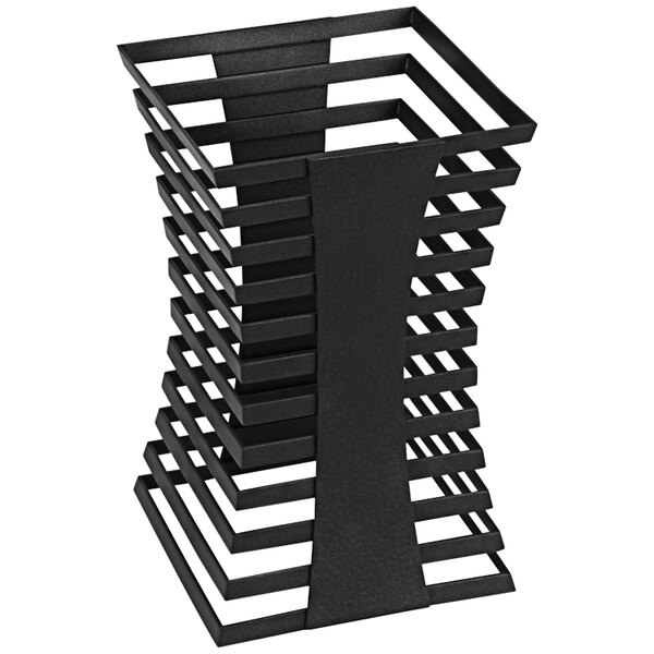 A Spring USA black titanium stainless steel square display tower with a hammered finish.