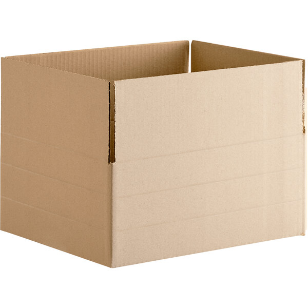 A Lavex Kraft cardboard shipping box with a corner cut out.