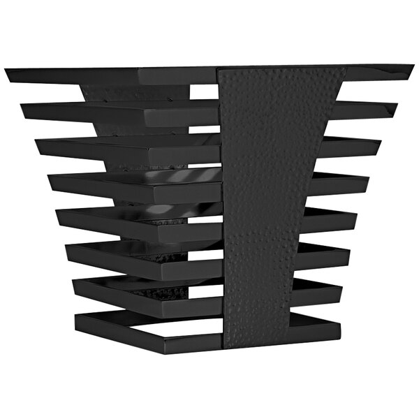 A black titanium stainless steel square display tower with a hammered finish and curved design.