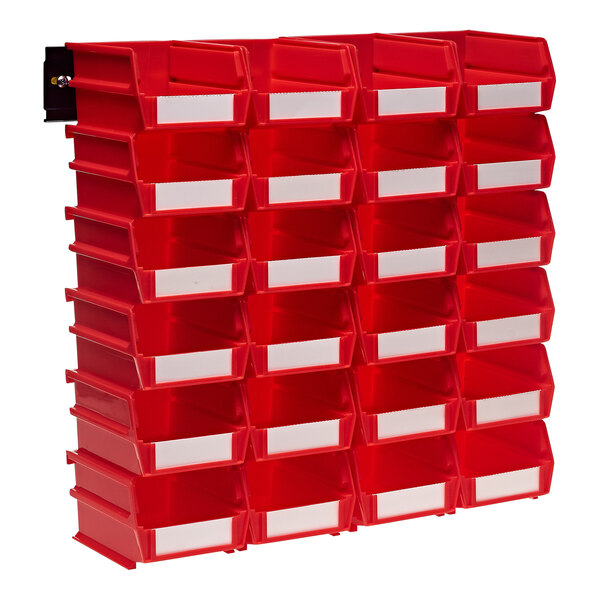 A red plastic shelf with white Triton LocBins on white rails.