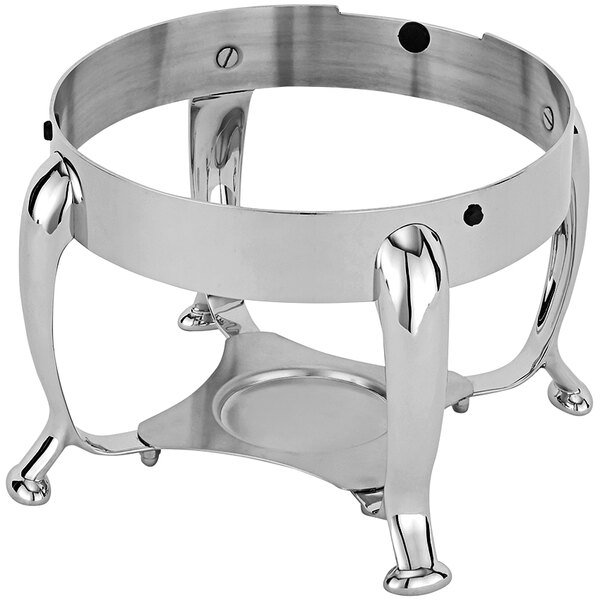 A silver metal mini round chafer stand with three legs.