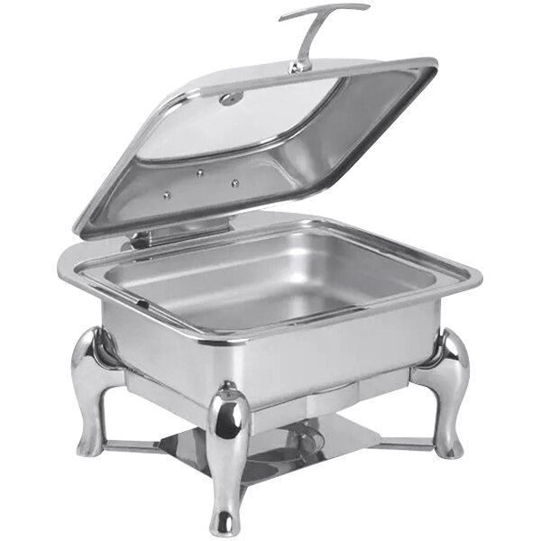 A Spring USA stainless steel chafer stand with a lid.