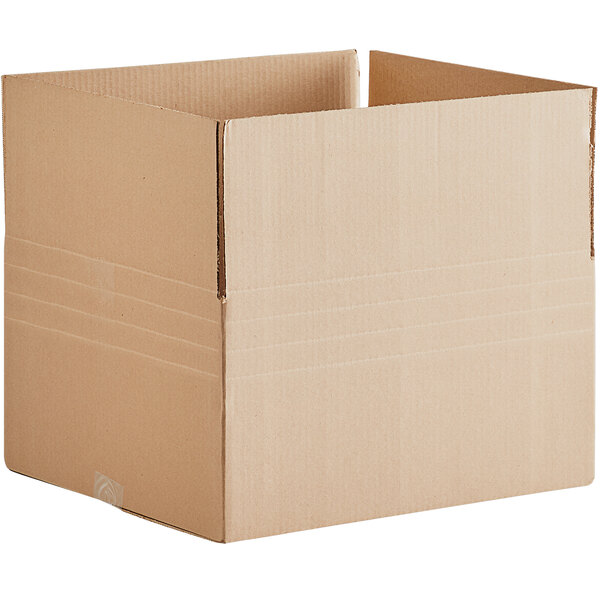 A Lavex Kraft cardboard shipping box with a cut out top.