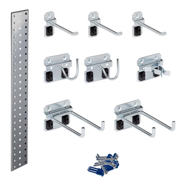 White steel Triton Products LocBoard with a group of metal hooks and screws.