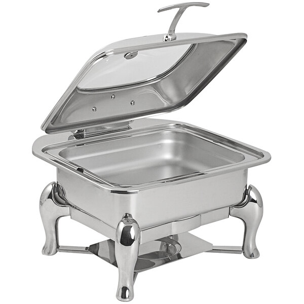 A Spring USA stainless steel square chafer stand with a fuel holder.