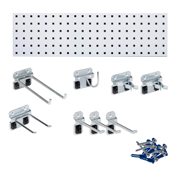 A white Triton LocBoard with a group of white pegboard hooks and screws.