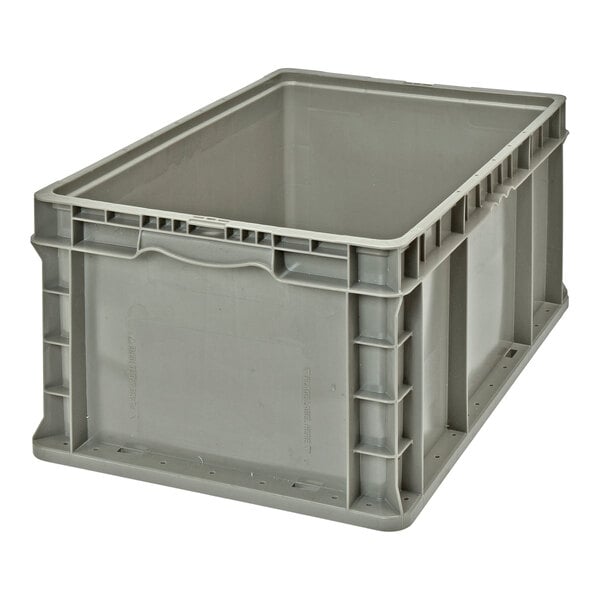 A grey plastic crate with a lid.