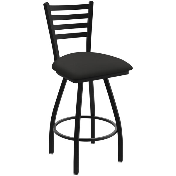 A Holland Bar Stool black ladderback swivel bar stool with black cushion and back.