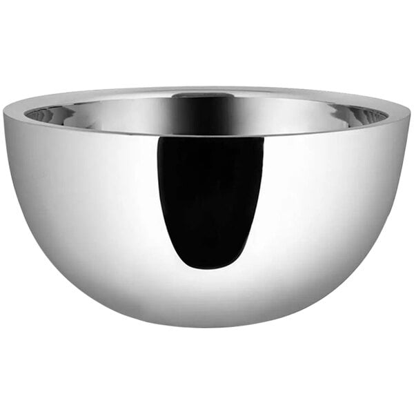 A silver stainless steel bowl with a black rim.