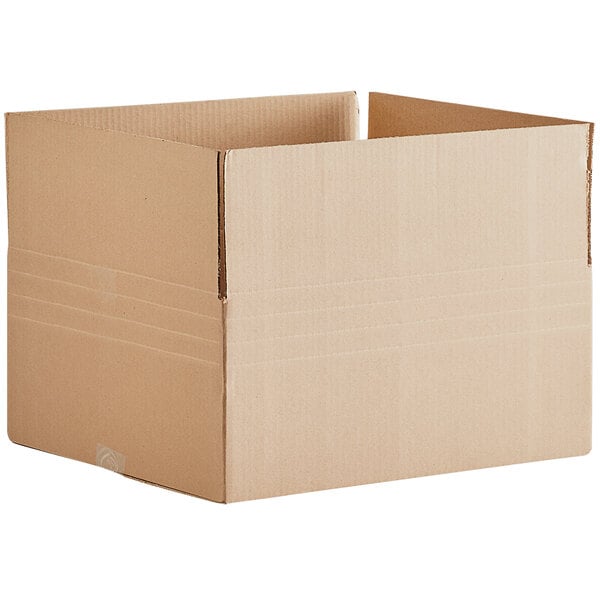 A Lavex kraft cardboard shipping box with a cut out corner on a white background.