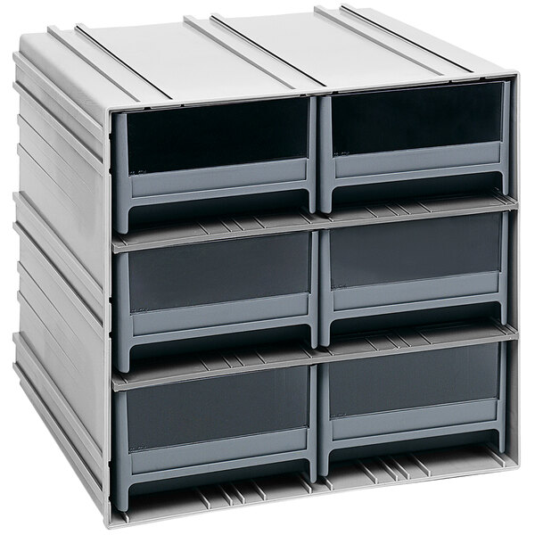 A Quantum interlocking grey plastic drawer with a clear window on a white background.